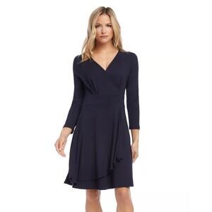 Karen Kane Dress Jersey Knit 3/4 Sleeve Drape Front Faux Wrap Navy Blue Small